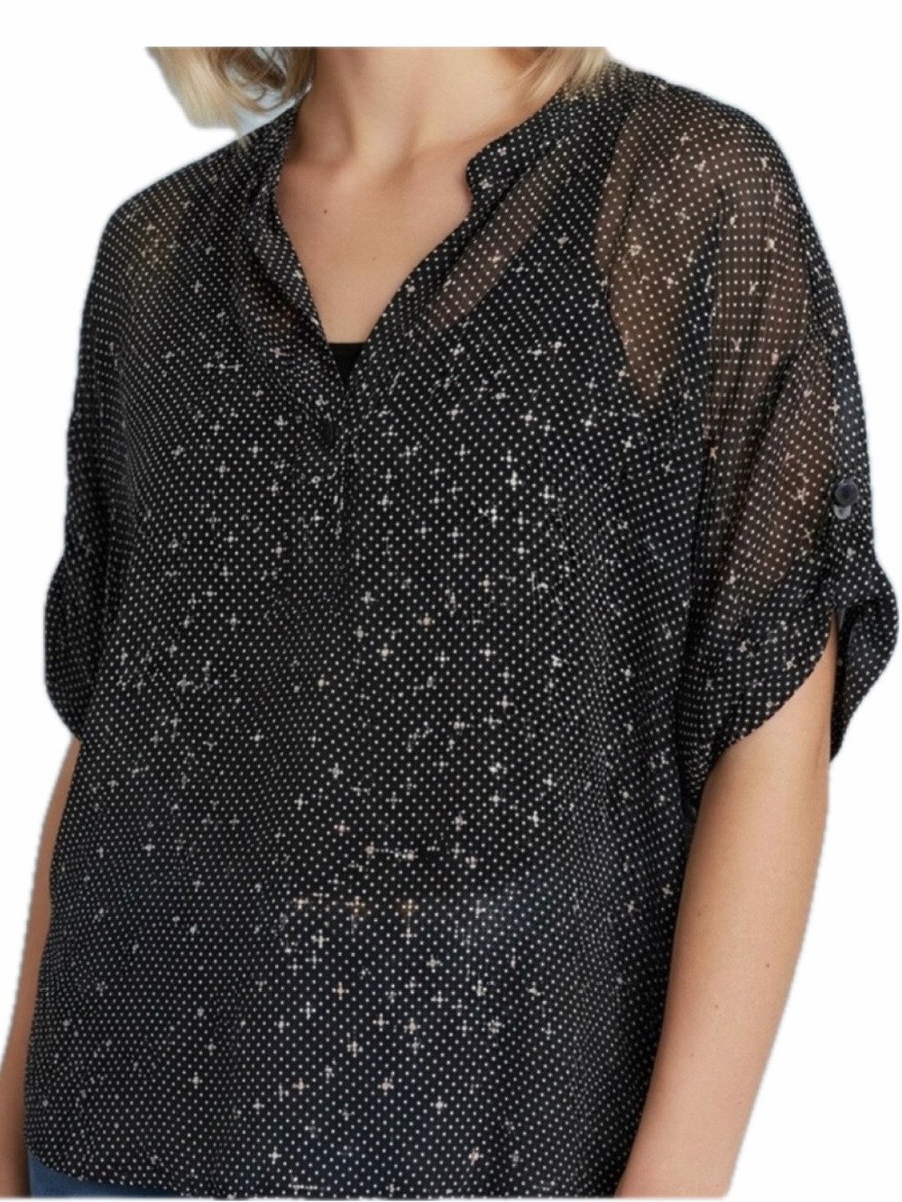 CAbi Black Sheer Swiss Dot Blouse